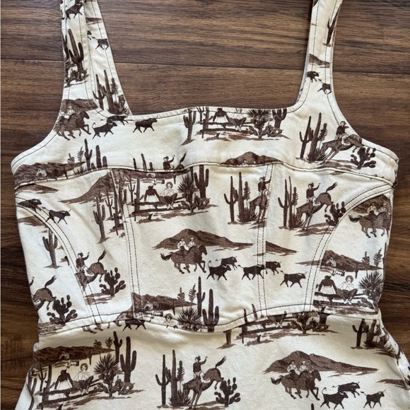 Reformation Denim Western Print Cream & Brown Tank Dress - Picture 2 of 5